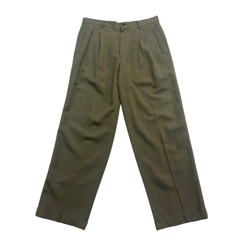 vtg 90s Claiborne 34x29 Olive Green Dress Pants Trousers Italian Fabric Pleated
